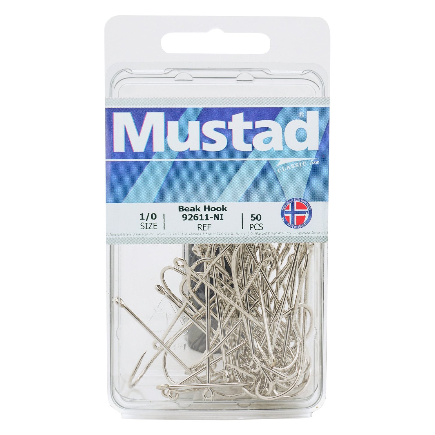 Mustad® 92611-NI-1-10 - Long Shank 1 Size Nickel Beak Hooks, 10 Pieces 